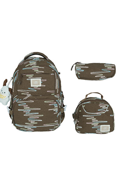 nacar çarşı Geantă școlară maro cu model zigzag pentru fete, 3 piese – Stil c...