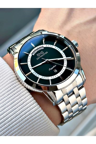 Romanson Function 24 Months Guarantee Silver-Green Color Sapphire Glass Steel Case Men Wristwatch 1631.04Mr