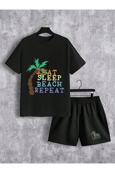 Frisson تي شيرت / شورت مريح برقبة دائرية من القطن باللون الأسود للجنسين مطبوع عليه "Beach"