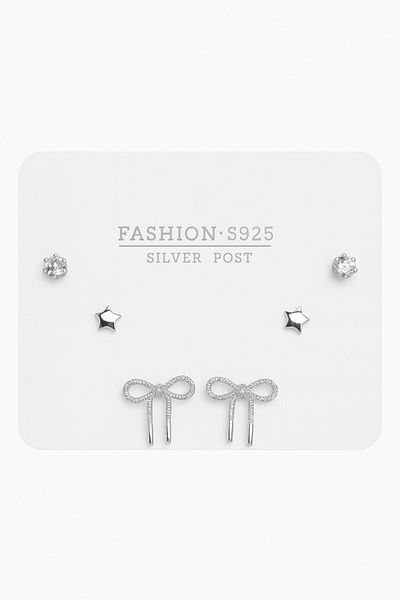 MakeWell Tarnish Free 925S Silver Needle Bow Design Gold and Silver Plated Solitaire Earrings Set of 3