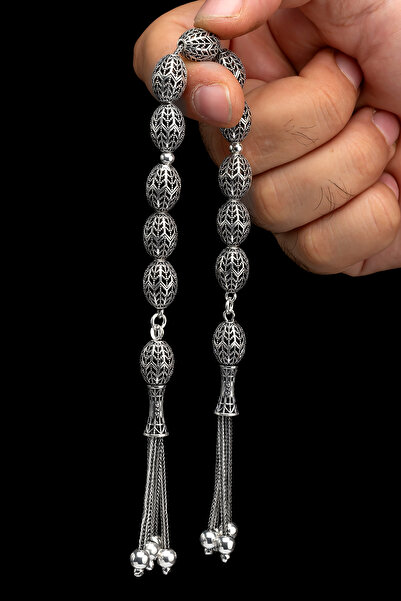 OTTOTESBİH Sertifikalı Erkek Gümüş Tespih 10x13.5mm 29Gr Arpa Kesim Gümüş Zaza Tesbih
