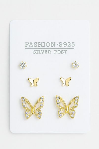 MakeWell 3-Piece Earring Set with Non-Tarnish 925S Silver Needle Butterfly Design Gold and Silver Plated Solitaire Earrings