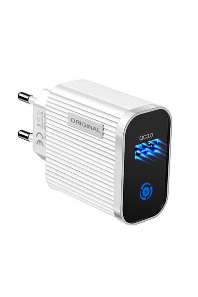Original Încărcător USB la priză Euro, cu indicator LED, Încărcare rapidă 3.0, 100 - 240V, 3.1A, alb cu negru
