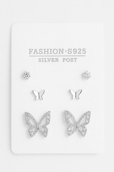 MakeWell 3-Piece Earring Set with Non-Tarnish 925S Silver Needle Butterfly Design Gold and Silver Plated Solitaire Earrings