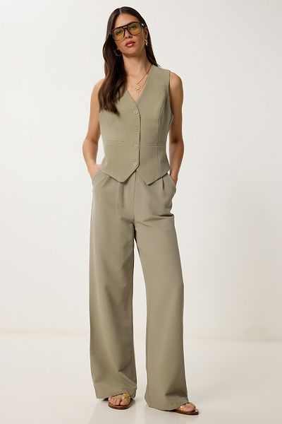 Lovelyİstanbul Linen Vest Pants Suit Khaki Lrv0106