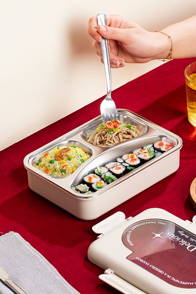 Porsima Stainless Steel 3 Compartment Vacuum Food Thermos Lunch Box Portable Lunch Box Lunch Box