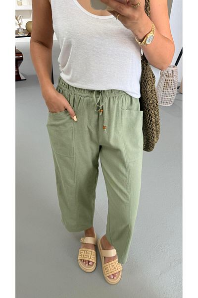 Sezgi Tekin Khaki Elastic Waist Linen Bohemian Trousers