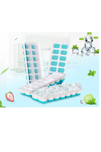 OEM Set of 4 ice cube trays with lids, 25.1 x 9.9 x 3 cm, silicone, white, blue
