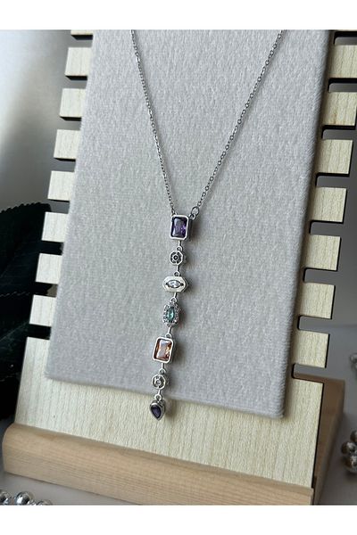stainles steel Silver Colored 7 Element Colored Stone Design Brand Model Tarnish-Free 316L Steel Y Necklace