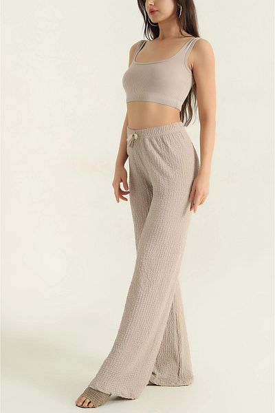BEYAZTOPTAN 100% Stylish Women's Seersucker Palazzo Pants with Pockets