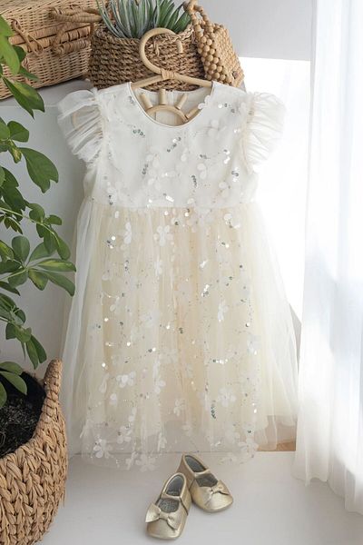 chipiques Silver Sequined 3D Floral Tulle Kids Dress