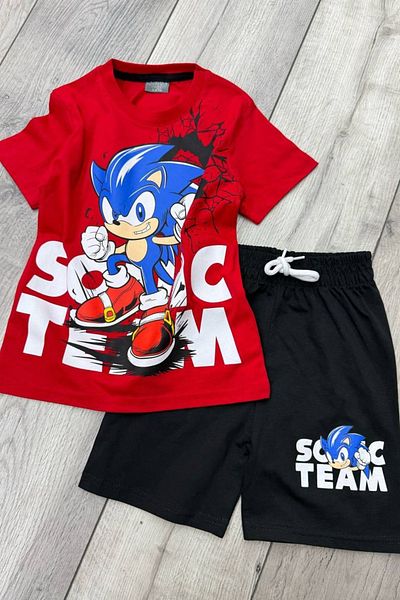Sonic Printed Red T-Shirt and Black Shorts Summer Kids Set