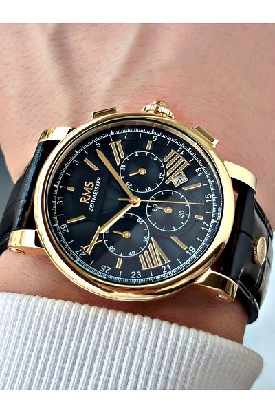 Romanson Function Leather Cord Black-Gold Color Sapphire Glass Steel Case Men Wristwatch 1134.05Mr