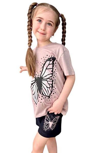 Riccotarz Girl's Black Pencil Butterfly Printed Combed Cotton Powder T-Shirt Shorts Set
