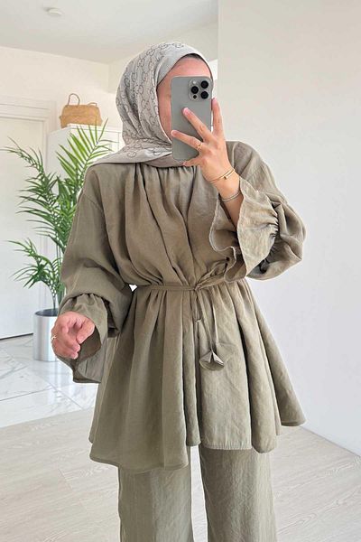 Ka Hijab Waist Tie Comfortable Cut Suit - Khaki