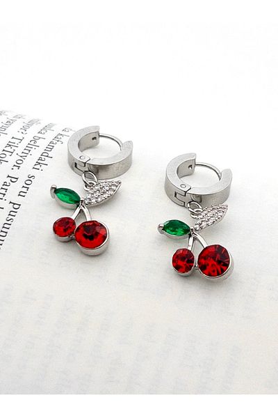 Siya Silver Non-Tarnish Steel Zircon Stone Dangle Cherry Earrings