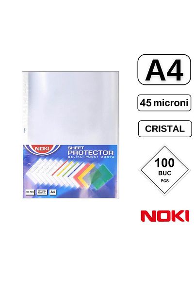 Noki Set of 100 A4 protective films with top opening, 45 microns, Noki, crystal surface, perforated