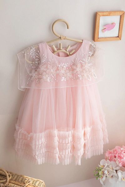 chipiques Pearl Embroidered Square Powder Tulle Collar Children's Dress