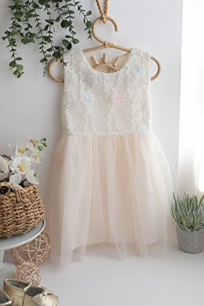 chipiques Payetli Papatya Motifli Krem Rengi Tül Etekli Özel Gün Çocuk Elbisesi