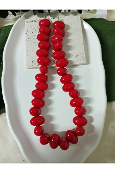 mos&more Marka Kolye, Kırmızı İri Boncuklu Şık Kadın Kolye, Yaz Modası