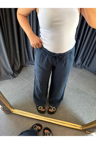 BÜŞRA PERKER Navy Blue 100% Linen Trousers
