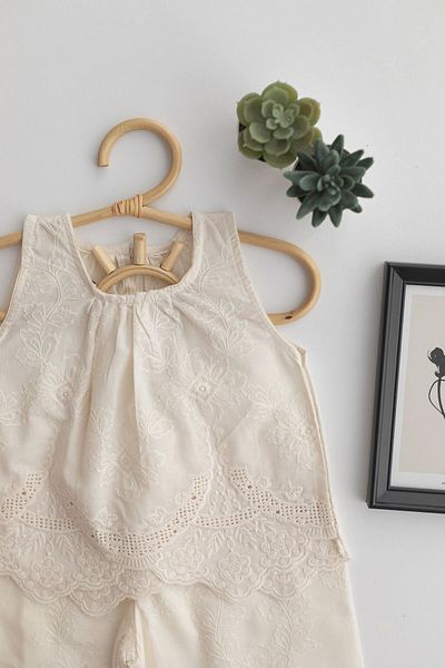 chipiques Ecru Fisto Cotton Sleeveless Blouse and Sectioned Leg Stylish Bohemian Trousers Children's Suit