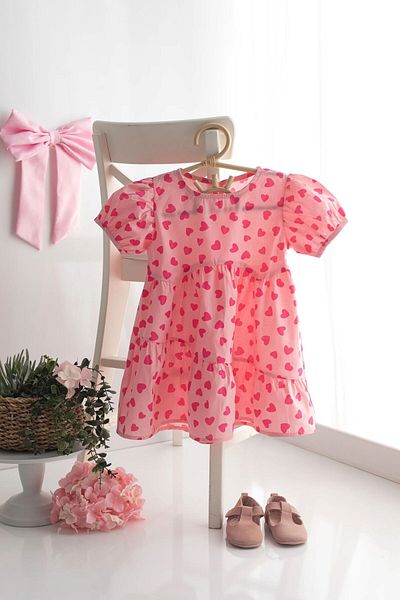 chipiques Pink Heart Patterned Balloon Sleeve Children's Dress