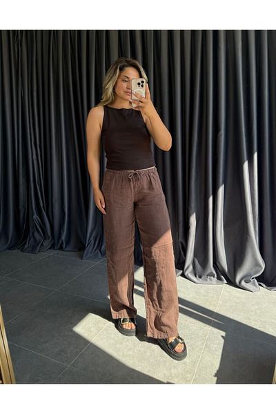 BÜŞRA PERKER Brown 100% Linen Trousers