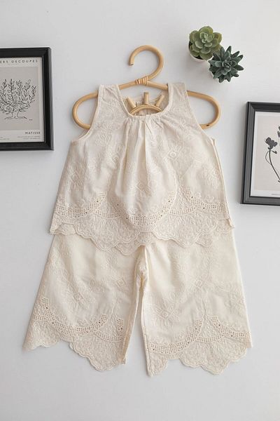 chipiques Ecru Fisto Cotton Sleeveless Blouse and Sectioned Leg Stylish Bohemian Trousers Children's Suit