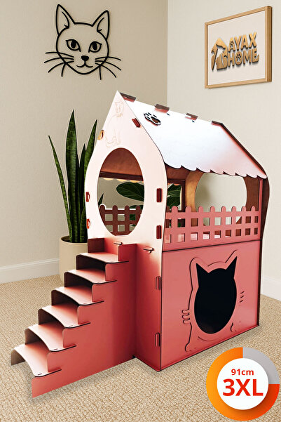 Genel Markalar 3XL Kedi Evi – Pembe, Merdivenli, İki Katlı MDF, 91×92×52 cm