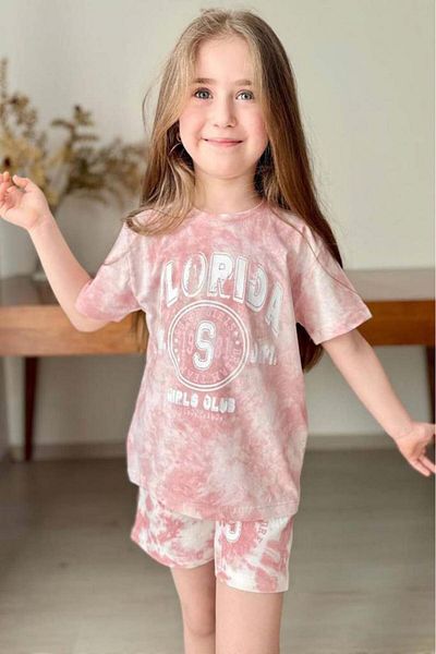 Riccotarz Set tricou din bumbac pieptănat cu imprimeu text Florida pentru fete cu pantaloni scurți pudra