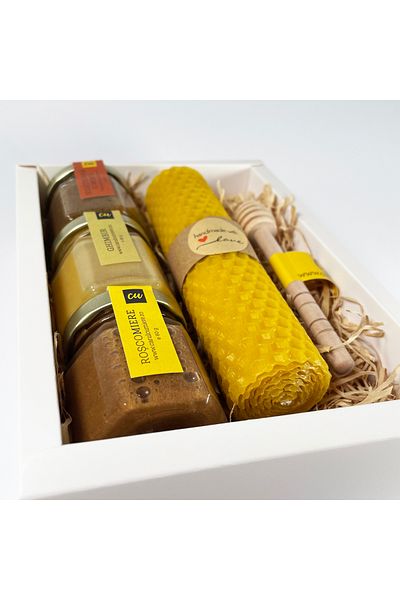 CARUL CU MIERE Natura 1 gift package, bee honey, handmade candle, honey spoon, white