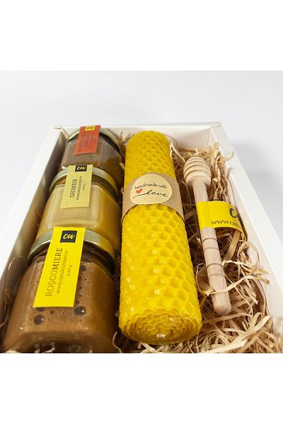 CARUL CU MIERE Natura 1 gift package, bee honey, handmade candle, honey spoon, white