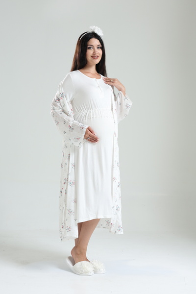 BLACKMORE Tuba Ekru Desenli Dantel Detaylı Lohusa Hamile Gecelik-Sabahlık 2'l...