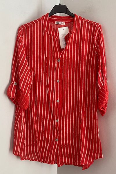 AYASOFYA OTANTIK Women's Italian Red Judge Collar Striped Foldable Orphan Sleeve 100% Cotton Shirt