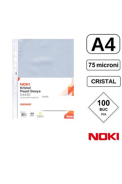 Noki Set of 100 A4 protective films with top opening, 75 microns, Noki, crystal surface, perforated