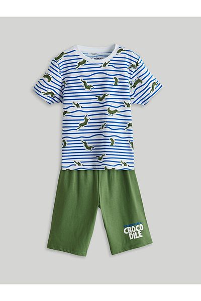 LC Waikiki White Dinosaur Printed Boys' Shorts Pajama Set
