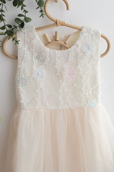 chipiques Sequined Daisy Motif Cream Tulle Skirt Special Occasion Children's Dress