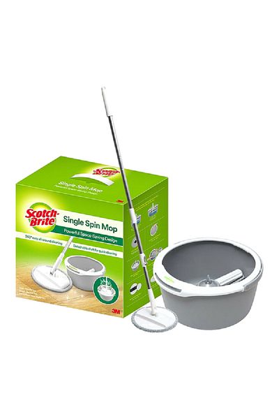 Scotch Brite Space-Saving Spin Dry Mop Bucket Set for Floor Cleaning Grey 4 Liter