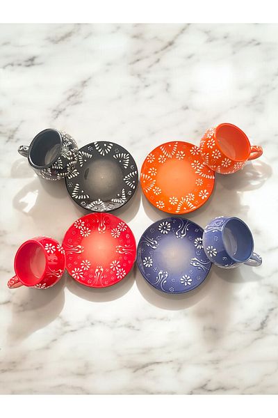 Artistic Quality Decorative Stylish Design Fully Handmade Orange, Navy Blue, Red and Black Coffee Cup for 4