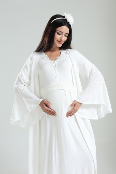BLACKMORE طقم ملابس نوم للحوامل من الدانتيل بأكمام فلوان من Tuba Ecru مكون من قطعتين