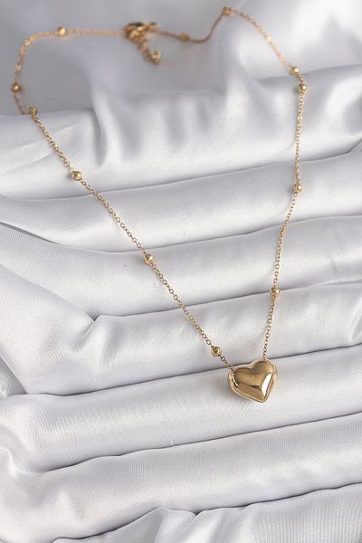 Skygo 316L Steel Gold Color Ball Detailed Chain Heart Model Women's Necklace - Tj-Bko9772
