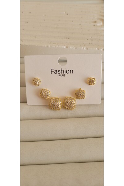 YİĞİTKARANAKSESUAR ÇOKLU TAŞLI GOLD BOMBE KARE KÜPE SETİ