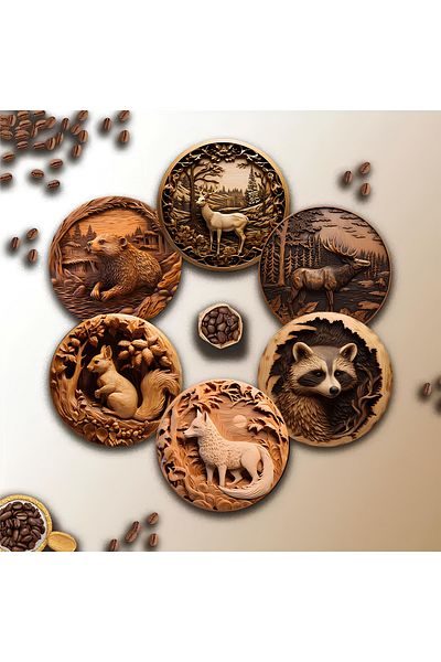 kutuTR 🦌   طقم مسند أكواب MDF بمظهر خشبي طبيعي على شكل حيوان (6 قطع) BRD-020
