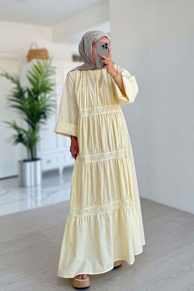 Ka Hijab Waist Lace Layered Dress - Yellow