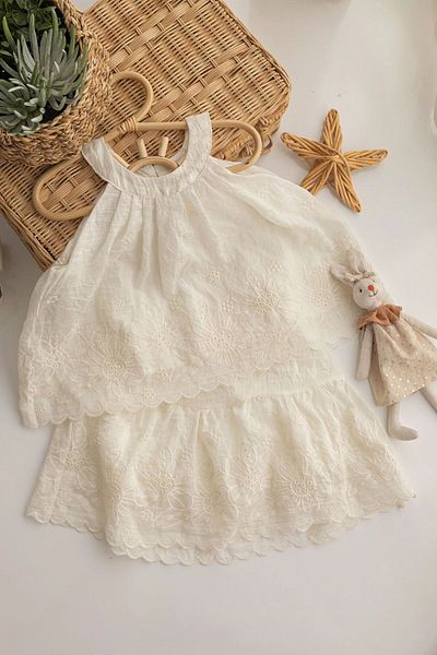 chipiques Ecru Scallop Strap Round Neck Flower Skirt Children's Suit