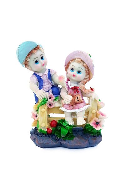 BV Decorative statuette, Two children on a bench, Pink, 11 cm, 1268G-1