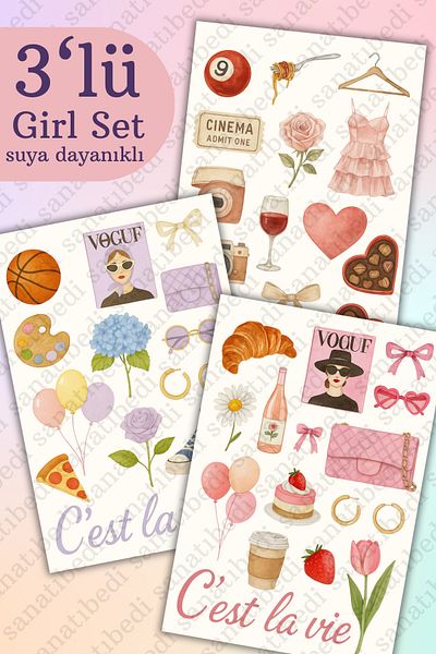 sanatıbedi Girl Sticker Set of 3 - Waterproof Sticker for Laptop Tablet Agenda Journal Phone Motor Helmet