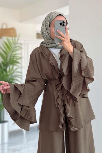 Ka Hijab Ruffle Detailed Flywheel Sleeve Suit - Brown