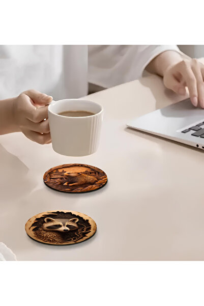kutuTR 🦌   Natural Wood Look Animal Figured Mdf Coaster Set (Piece of 6) Brd-020